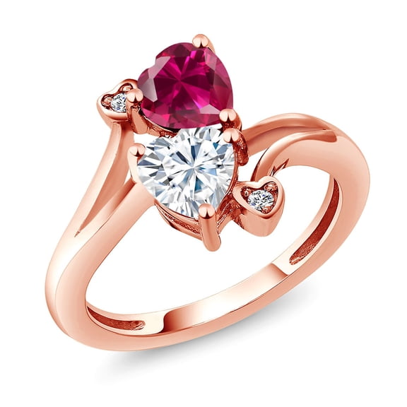 Gem Stone King 18K Rose Gold Plated Silver Red Created Ruby White Moissanite and White Diamond Ring for Women (1.80 Cttw, Heart Shape 6MM, Gemstone July Birthstone, Size 9)