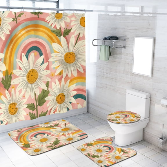 Boho Rainbow Shower Curtain Set with Rugs Watercolor Flowers Pink Bathroom Decor Bath Curtain with Rugs Toilet Lid Cover Bath Mat, 72x72 Inch