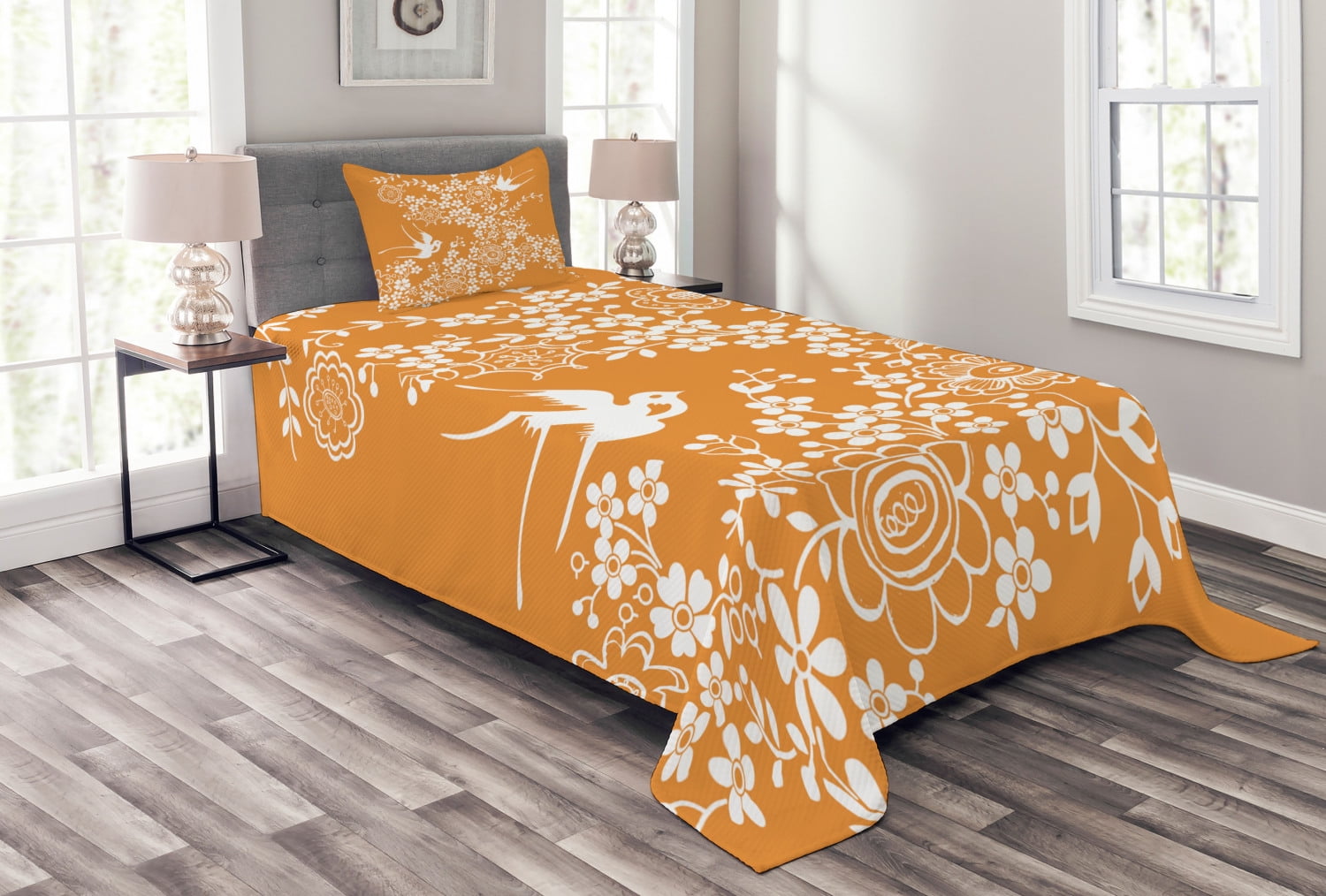 Japanese Bedspread Set Twin Size, Oriental Floral Japanese Style Flying