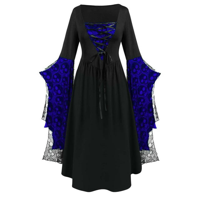 Robe pour Femmes Imprimé Dentelle Crâne Manches Longues Col Carré Mode