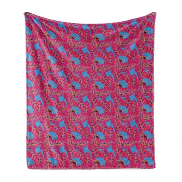 Summer Soft Flannel Fleece Throw Blanket, Tropical Banana Leaf Pattern of Hawaiian Jungle Foliage Abstract Colors, Cozy Plush for Indoor and Outdoor Use, 50" x 70", Magenta Blue Apricot, by Ambesonne