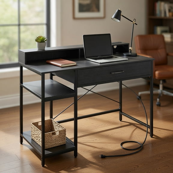 Resenkos 42 Inch Computer Desk with Power Outlets, Writing Table with Drawer and Open Shelves for Home, Office, Black