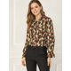 thumbnail image 3 of INSPIRE CHIC Blusa con cuello en V y lazo floral para mujer, camisa de manga larga con volantes y trompeta vintage, top ejercito verde XS, 3 of 6