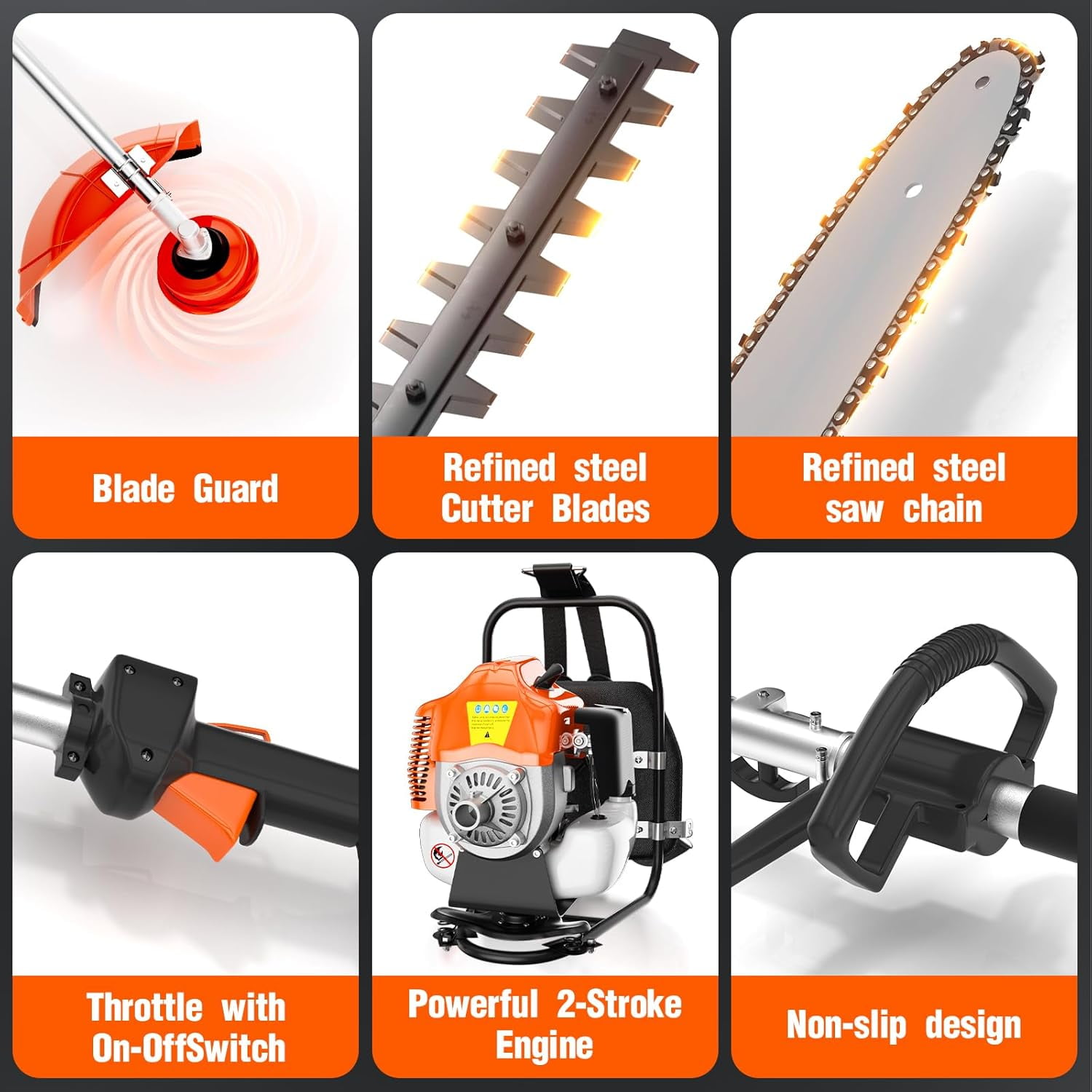 EAYSG 6 in 1 52cc Brush Weed Cutter Petrol Hedge Trimmer Grass Pruner Chainsaw Trimmer with Four Mowing Heads for Gardening Care