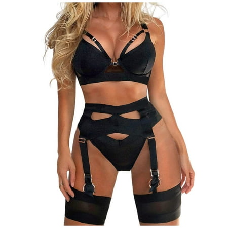 

BIZIZA Push Up Bra and Panty Set for Women Underwire Sexy Lingerie Sets Two Piece Lace with Garter Belt Black XXL
