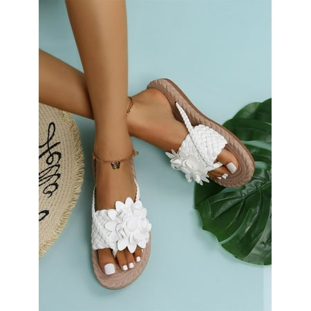 

Women s Flower Braided Design Open Toe Flat Slide Sandals Casual Summer Fashion Walking Slippers Shoes White CN40(8.5)