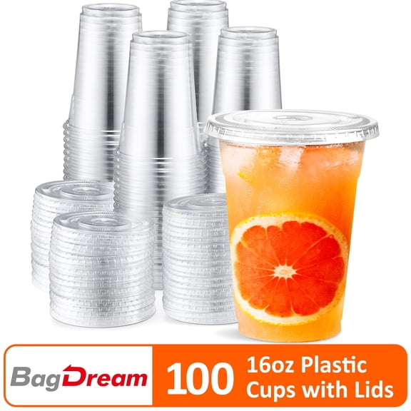 BagDream 100 Pack 16 oz Clear Plastic Cups with Lids, Disposable Iced Coffee Cups for Cold Drinks, Iced Tea, Milkshakes, Smoothies