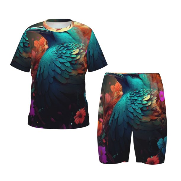 Balery Colorful Flower Bird Conjunto de Pijama Infantil de Manga Corta con Estampado – Ropa de Dormir de Algodón Suave-4X-Large