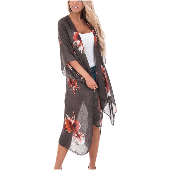 Summer Saving Clearance Cardigan Wenini Swimsuit Coverup for Women Plus Size, Women's Beach Open Front Cover up Chiffon Kimono Floral Print Cardigan Loose Casual Resort Wear Black XL