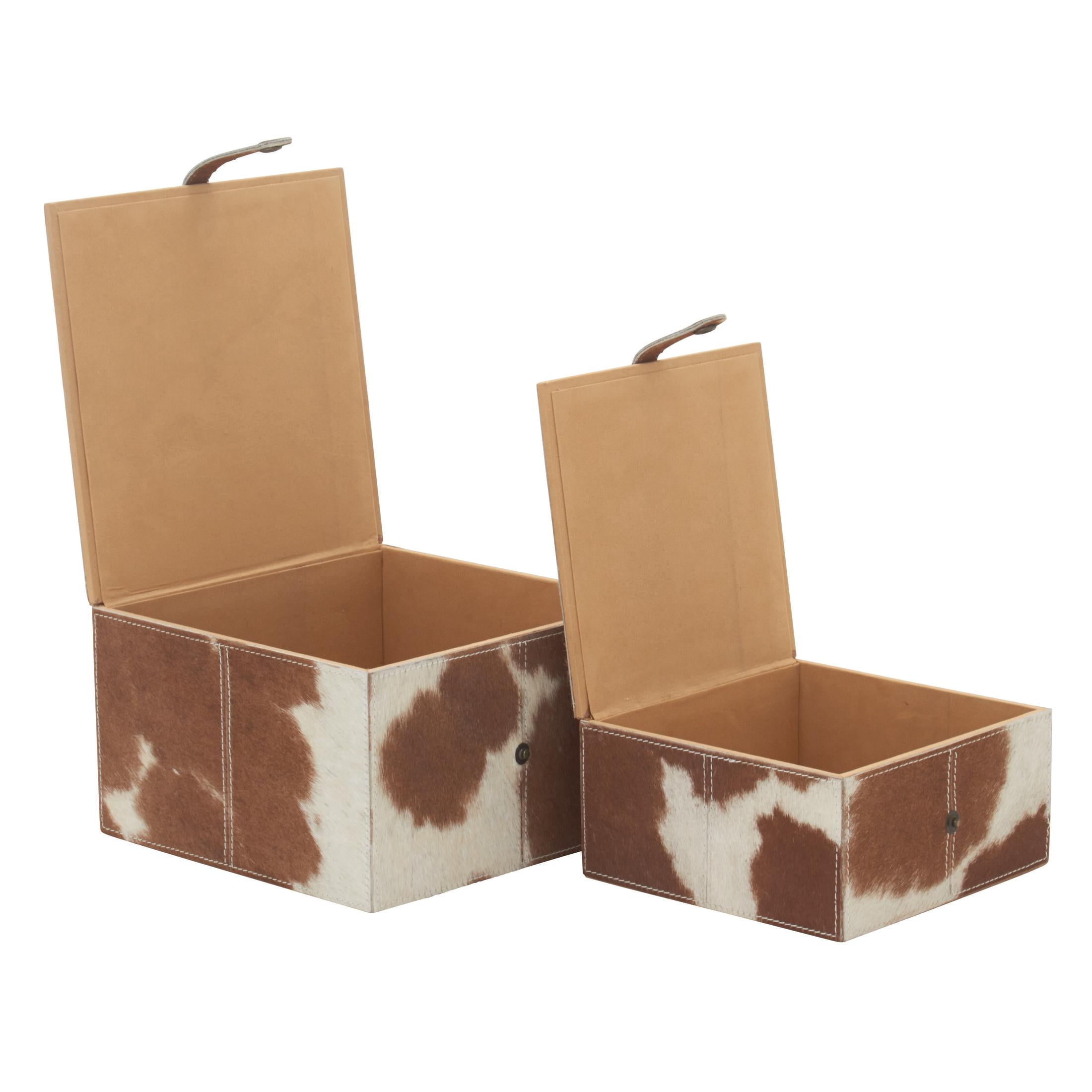 DecMode Handmade Brown Leather Decorative Box with Snap Front Closure and Detailed Stitching, 2 Count
