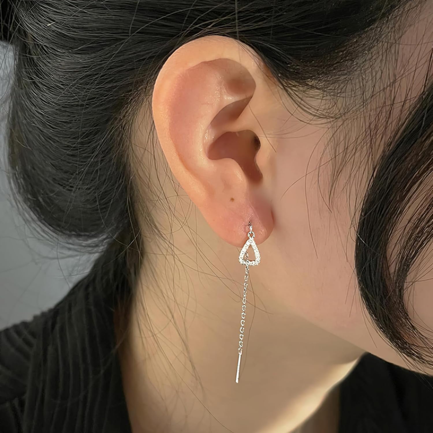Sterling Silver Threader Earrings for Women Hypoallergenic S925 Dainty Long Chain Ear Line with Cubic Zirconia Elegant Dangle Tassel Earrings Heart Earrings Graduation Gifts