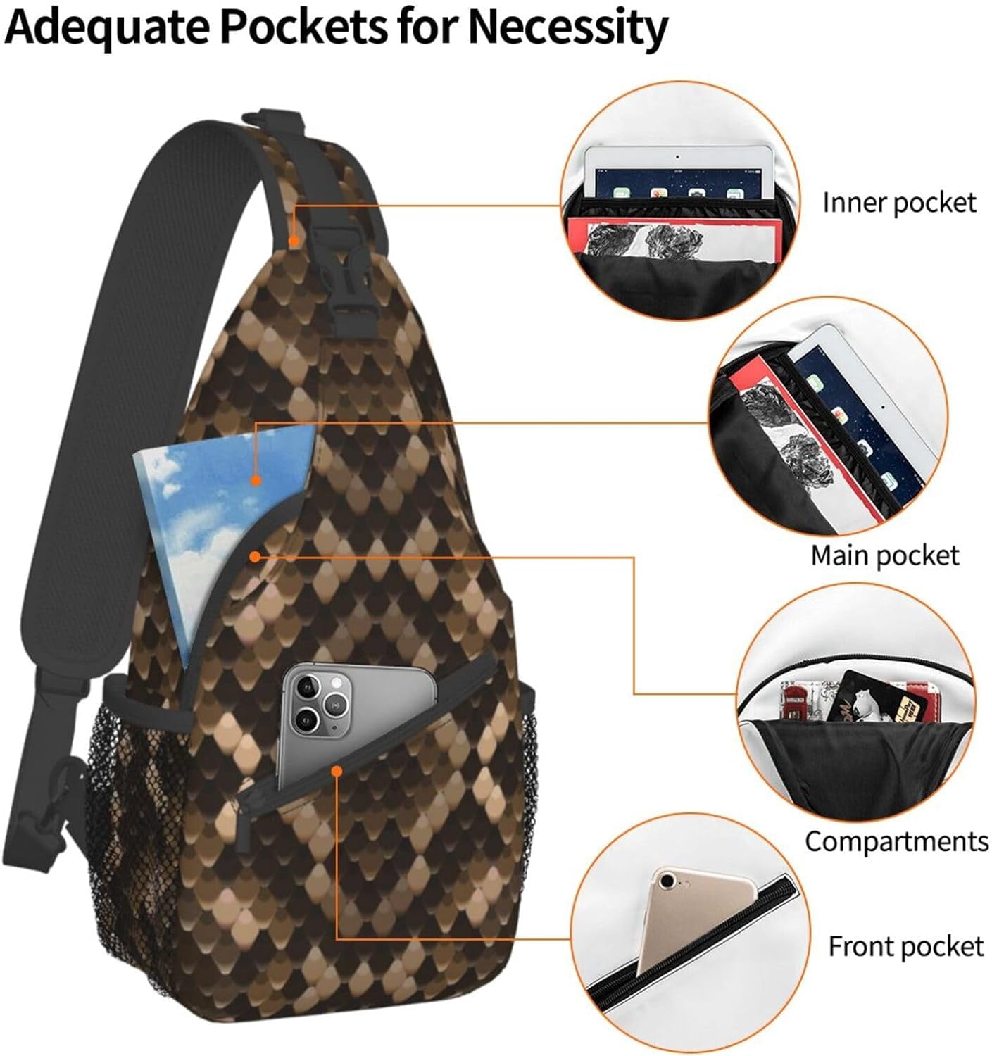 Snakeskin Stripe Pattern Sling Bag Crossbody Hiking Travel Chest Bags Backpack Shoulder Daypack for Women Men