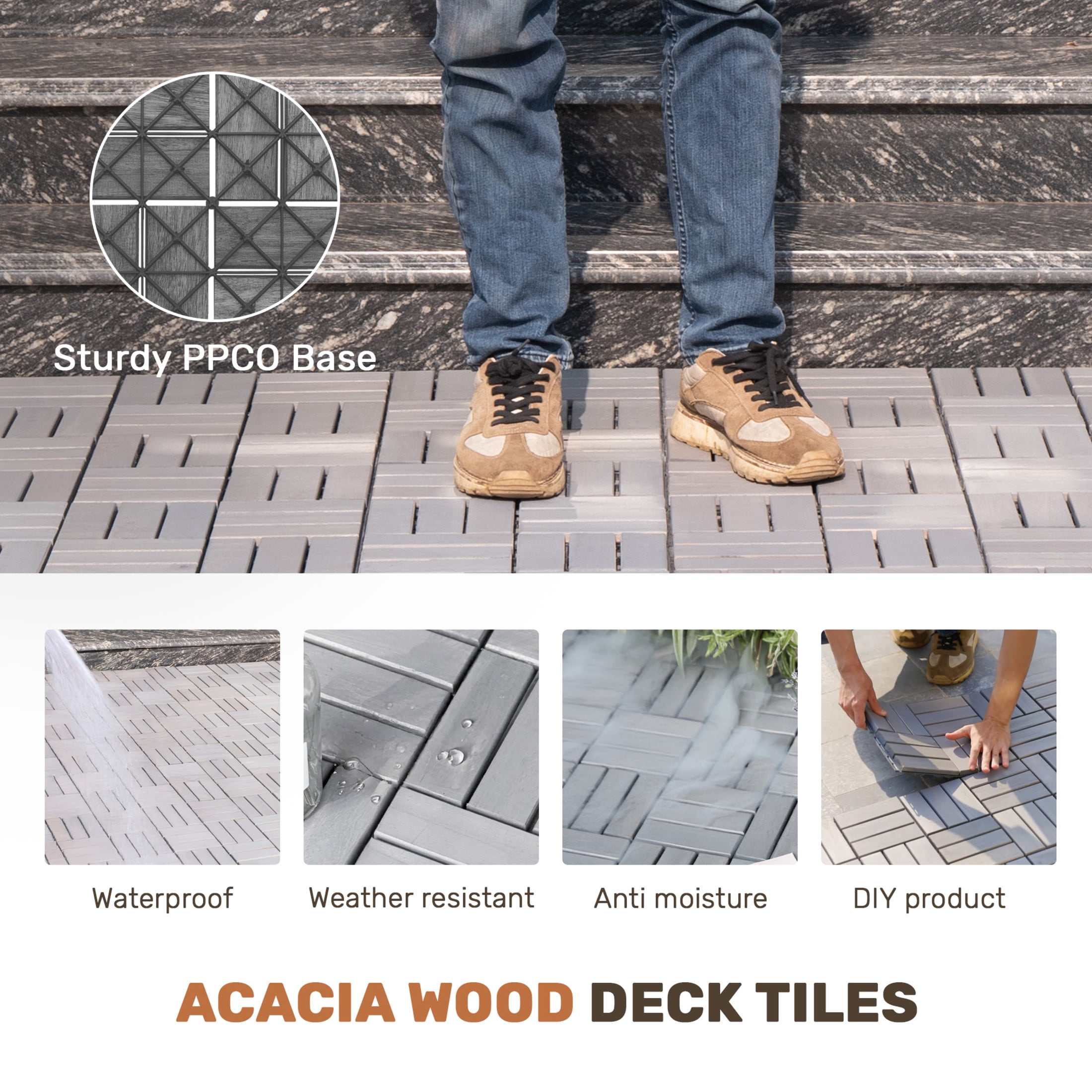 Noble House 12" Checker Acacia Wood Interlocking Deck Tiles, All-Weather Hardwood Patio Flooring, Light Gray, 30 PCS