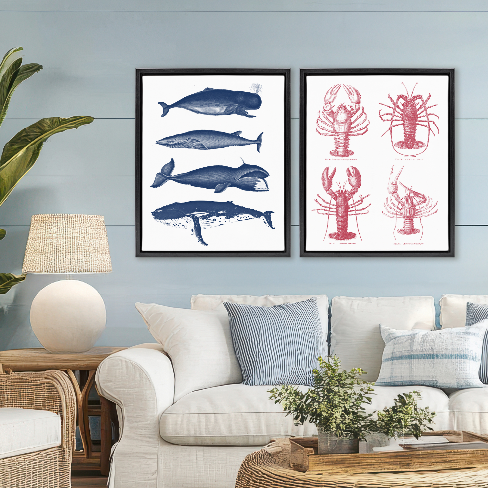 Marine Whales & Lobsters 2 Piece Black Framed Floater Canvas Set, design by Lettered and Lined