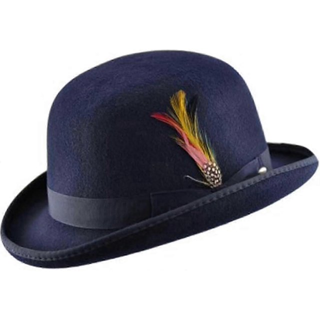 Unisex Hard Top Wool Bowler Hat With Feather Satin Lined Sizes S To Xl