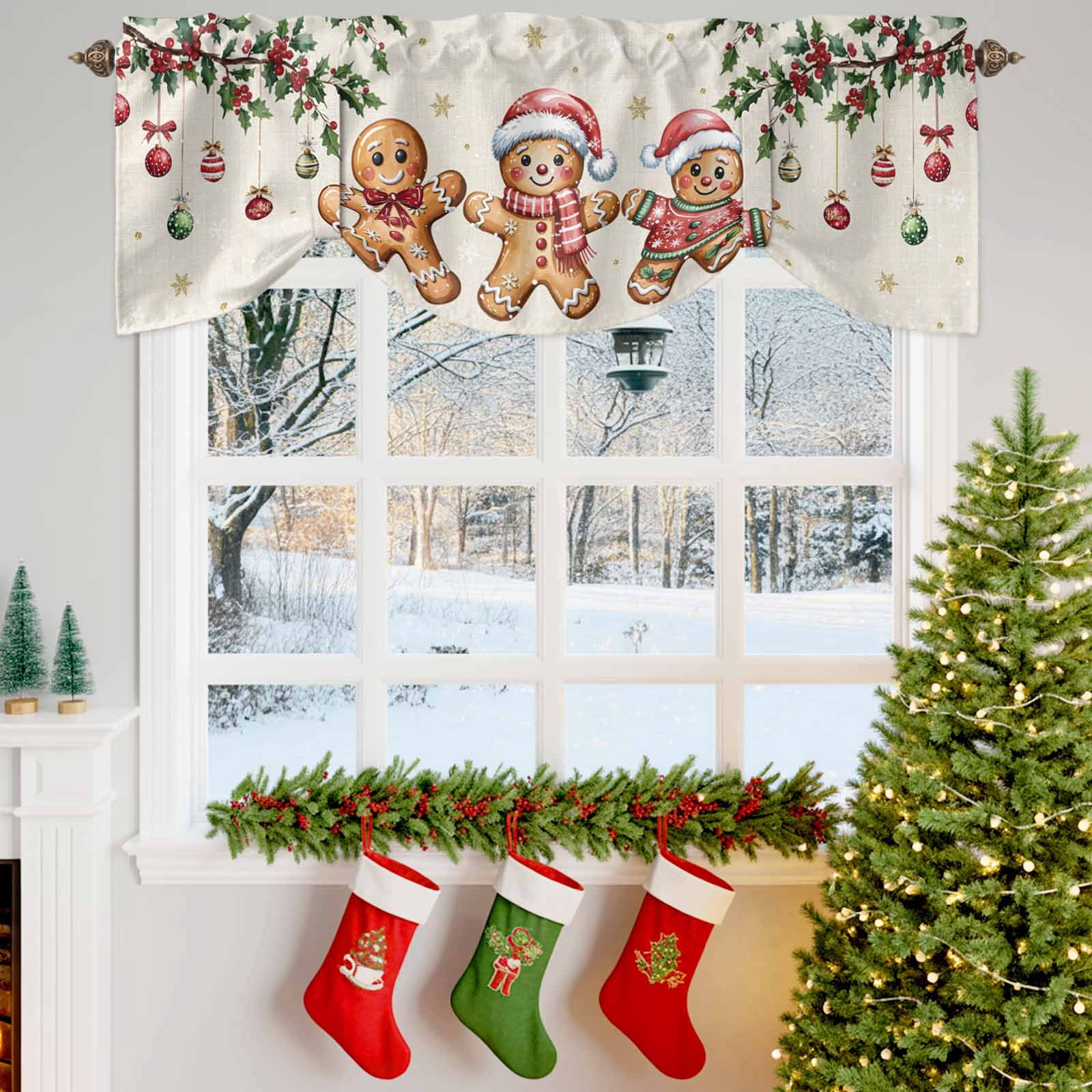 Christmas Gingerbread Man Tie Up Valances Curtain, Xmas Holly Berry Linen Texture Adjustable Rod Pocket Short Window Treatment Tie Up Curtains Valances for Kitchen Living Room Bathroom 54x18 In
