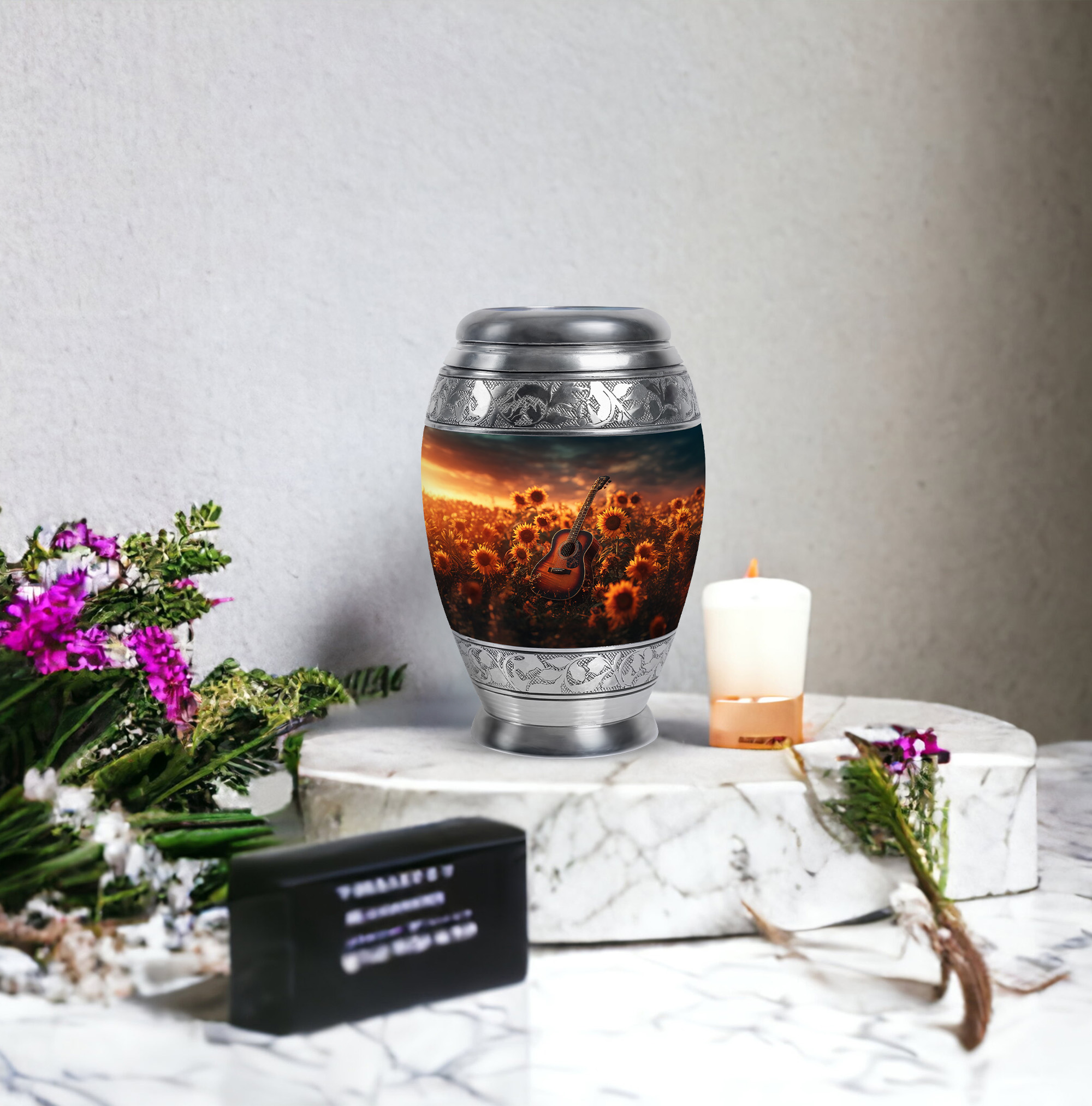 MUKTIVE Guitar Keepsake Cremation Urns for Human Ashes Male & Female - Sunflowers Small Funeral Urns for Adult Ashes Men Women - Cremated Remains Containers - Memorial Gift for Loss of Dad (3 Inch)
