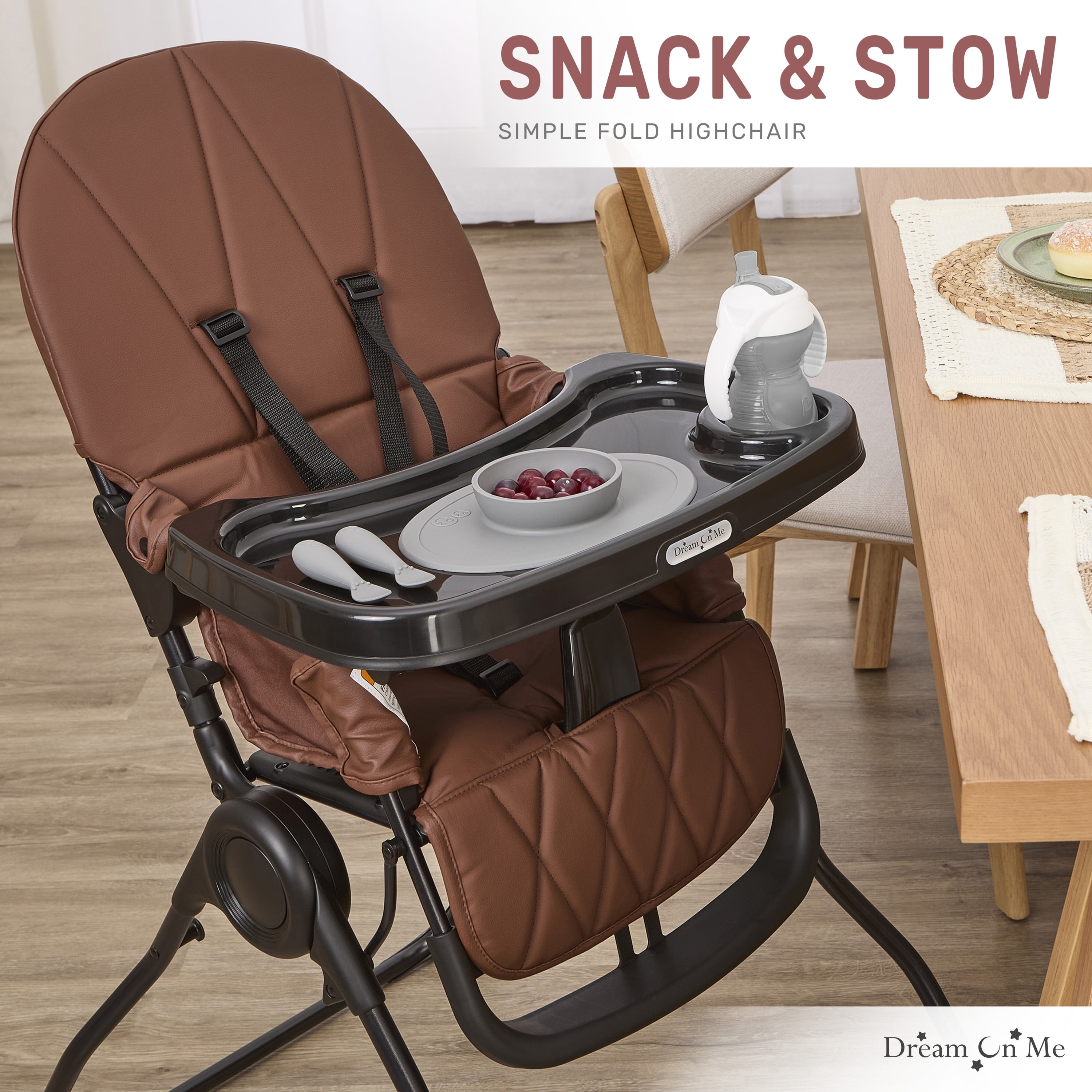 Dream On Me Snack and Stow Baby high Chair, Easy to fold and Store Travel high Chair, Removable and Three Position Adjustable Tray Portable high Chair, Cognac