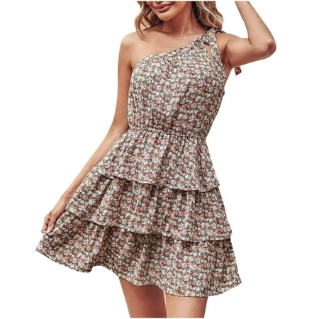 

Formal Dresses for Women Plus Size Dress for Women Women s Summer Tie One Shoulder Boho Floral Dress Elastic Waist Tiered Ruffle A Line Flowy Mini Dresses on Clearance Dress Pants Women