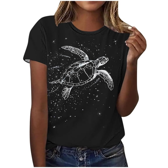 FamilyThread Women's Summer Short Sleeve Fashionable Crewneck Cute Animal Graphic Blouse Solid Color Casual Shirt Tops