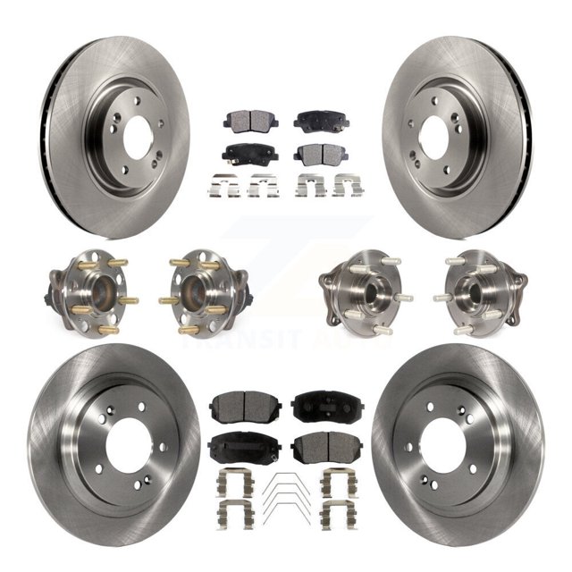 Transit Auto Front Rear Hub Bearing Assembly Disc Brake Rotor and Ceramic Pads Kit (10Pc) for Car 2016 Hyundai Sonata GAS engine with Electric Parking Left Right Driver Passenger Side KBB-110467