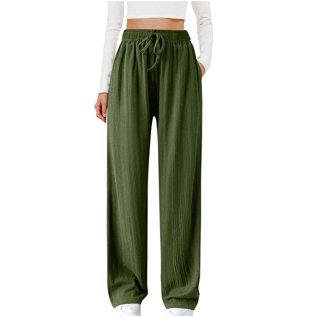 Timegard Lounge Pants for Women Elastic High Waist Straight Leg Ruched Loose Trousers Solid Color