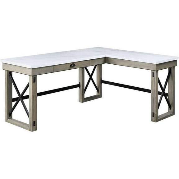 Bowery Hill Modern Writing Desk with Lift Top in Marble Top & Rustic Oak Finish