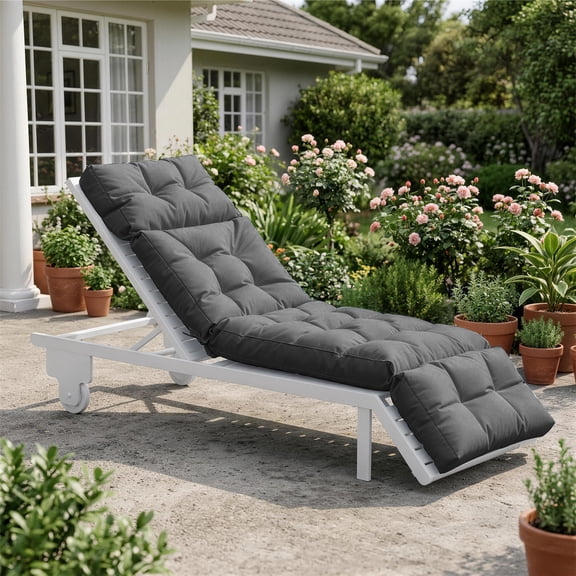 BaPiPro All-Weather Outdoor Chaise Lounge Cushion, Secure-Tie Patio Recliner Cushion with Plush PP Cotton Support for Patio, Poolside & Balcony, Gray