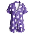 thumbnail image 4 of MEZZALL Women Halloween Satin Pajama Set Lightweight Lapel Collar Tie Front Ruffle Short Sleeve Top Elastic Waist Ruffle Shorts Loungewear Set Pumpkin Print Sleepwear Versatile 2 Piece Pjs, 4 of 4