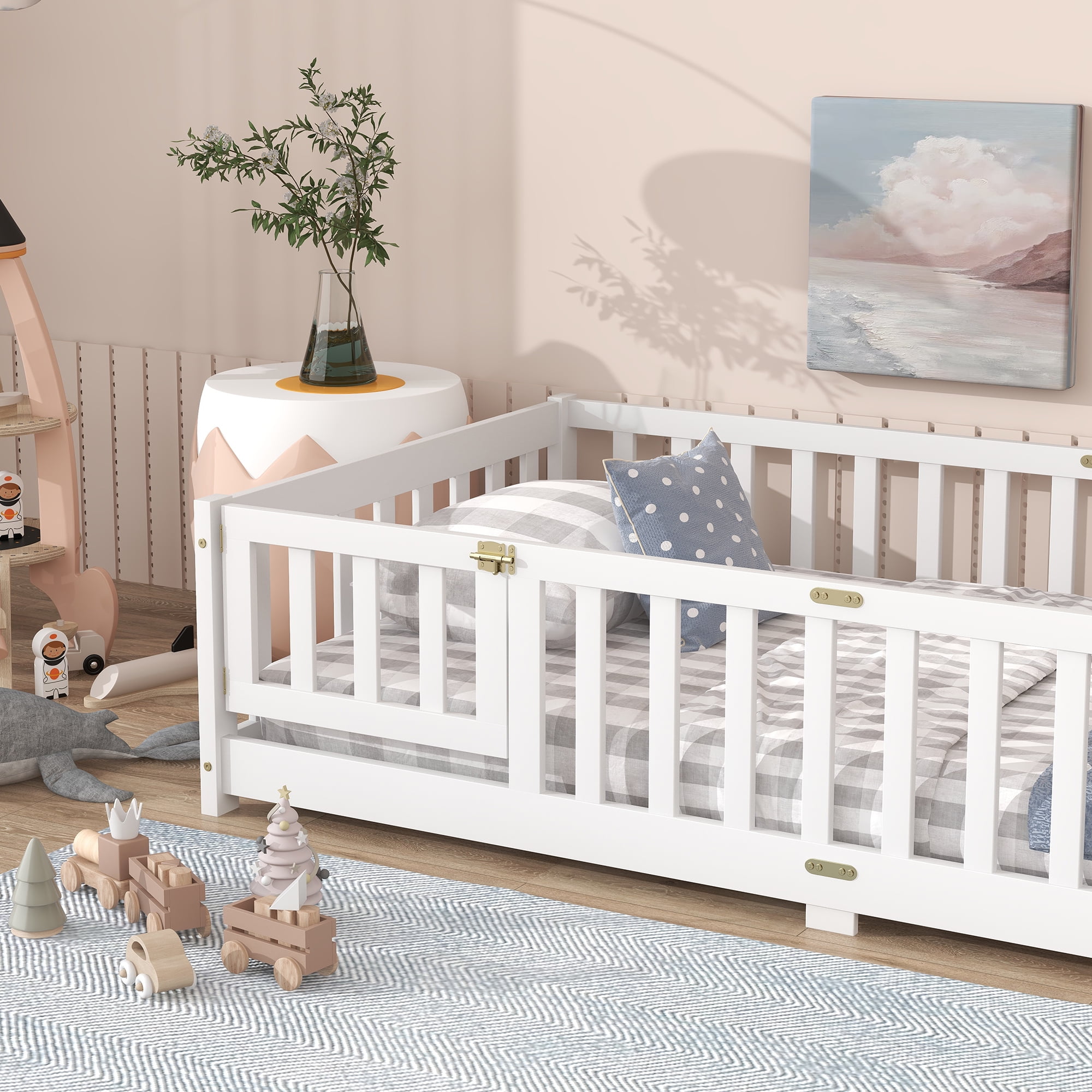 Sailvan Twin Floor Bed with Fence and Door, Solid Rubber Wood Kids Platform Bed Frame White