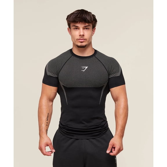 GYMSH Men's Short Sleeve T-shirt Sports Fitness Quick-dry Breathable Elastic Round Neck Short Sleeve Tight Training Wear