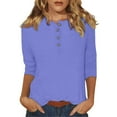 thumbnail image 2 of 3/4 Sleeve T Shirts for Women 2025 Fall Casual Solid Color Button Crewneck Plain Basic Tshirt Womens T Shirts, 2 of 5
