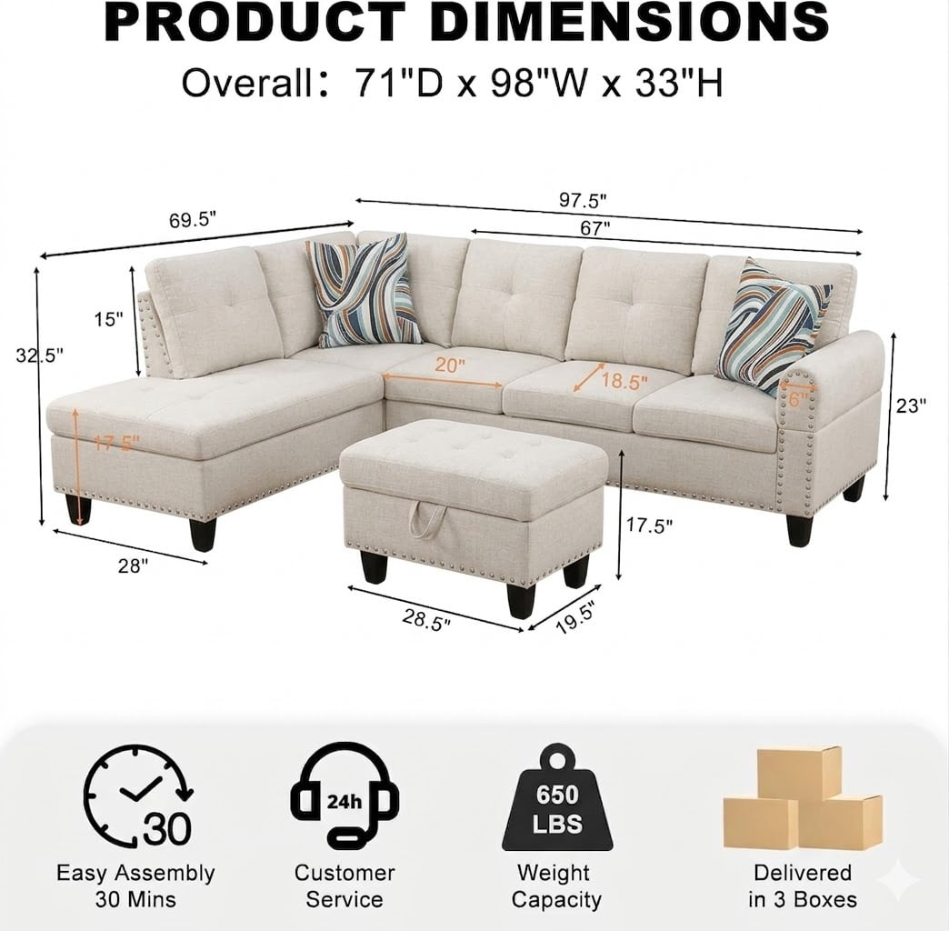 Howcool L Shaped Sectional Sofa, 4 Seater Couch with Chaise Lounge, Storage Ottoman, Cup Holders and Pillows, Modern Linen Fabric Couch for Living Room, Beige
