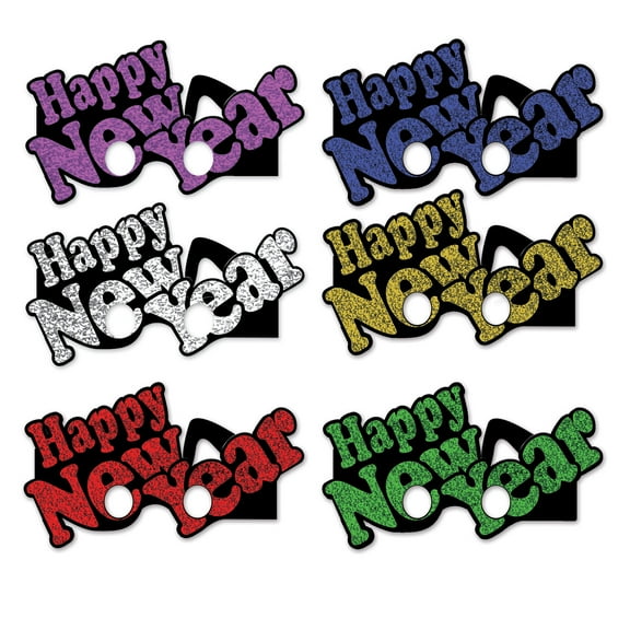 Pack of 72 Multi Assorted Color Happy New Year Eyeglasses in Glitter Print