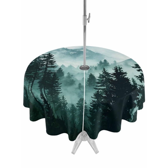 Outdoor Tablecloth with Umbrella Hole Zipper Dark Green Forest Round Tablecloth 60" Waterproof Outside Table Cloth Nature Foggy Mountain Pine Tree Patio Table Cover Tablecloths for Picnic Party