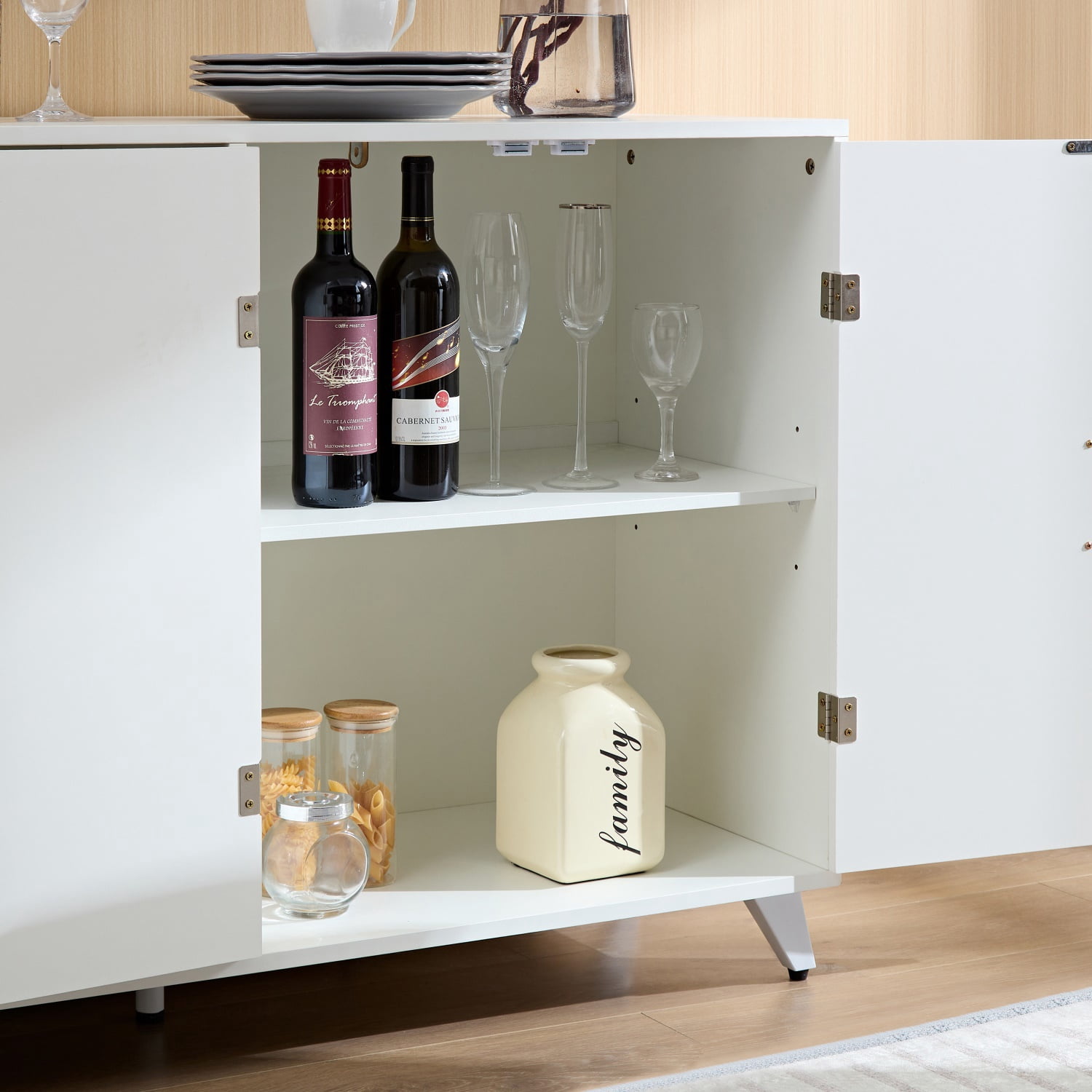 Hommoo Wavy Texture Sideboard Buffet Cabinet with 4 Doors and Removable Shelves, Accent Cabinets Coffee Bar Cabinet, Modern Multifunctional Storage Cabinet for Home, Ivory White