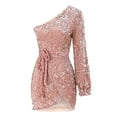 thumbnail image 4 of FEIFLY Women Sequined Short And Long Sleeved One Shoulder Sequined Irregular Dress Solid Color Festival Clothing, 4 of 5