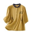 thumbnail image 3 of TaTaai 2026 Spring Women’s Lapel Embroidered Tee 3/4 Sleeve Loose Blouse Casual Button Patchwork Fashion Top Linen Texture Polyester Daily Shirt Gift, 3 of 6