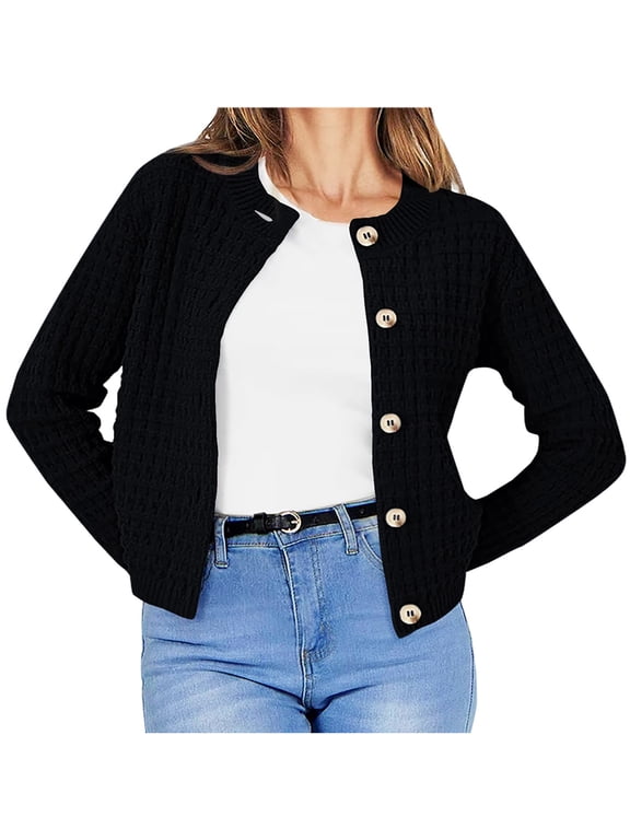 ibuvkizy Sweaters for Women Clearance!Women's Round Neck Knitted Top Retro Casual Single Breasted Long Sleeved Cardigan Sweater Jacket Black,XL