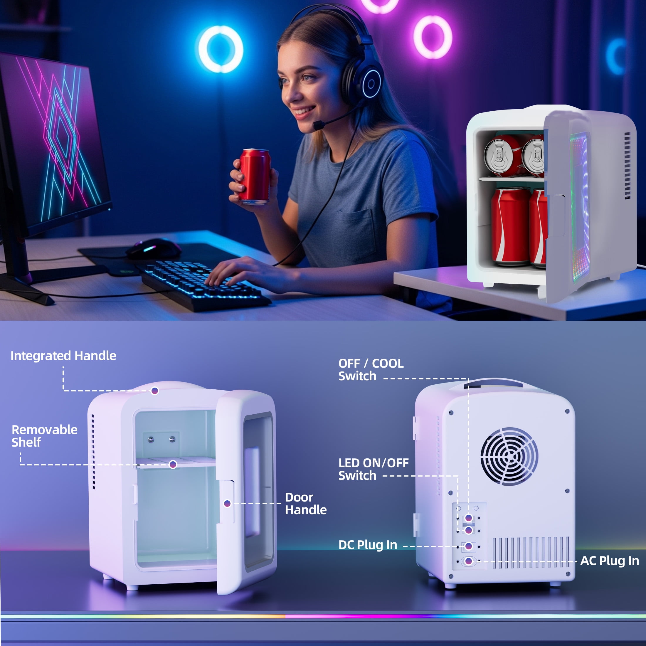Auseo 4L Mini Fridge Personal with LED, Portable Cooler for Bedroom, Office, Car, Small Refrigerator for Skincare, Drinks & Gaming Room, AC/DC Powered, White