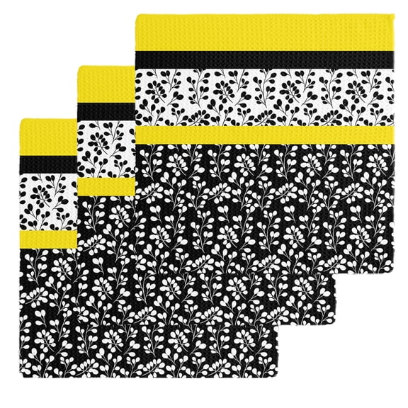 Black Yellow Dish Towels Set, Waffle Weave Kitchen Towels 3 Pieces, Garden Floral Stripe Aesthetic Flower Boho Microfiber Hair Face Bath Tea Towel Absorbent Quick Drying Cleaning Dish Cloths, 12"x12"
