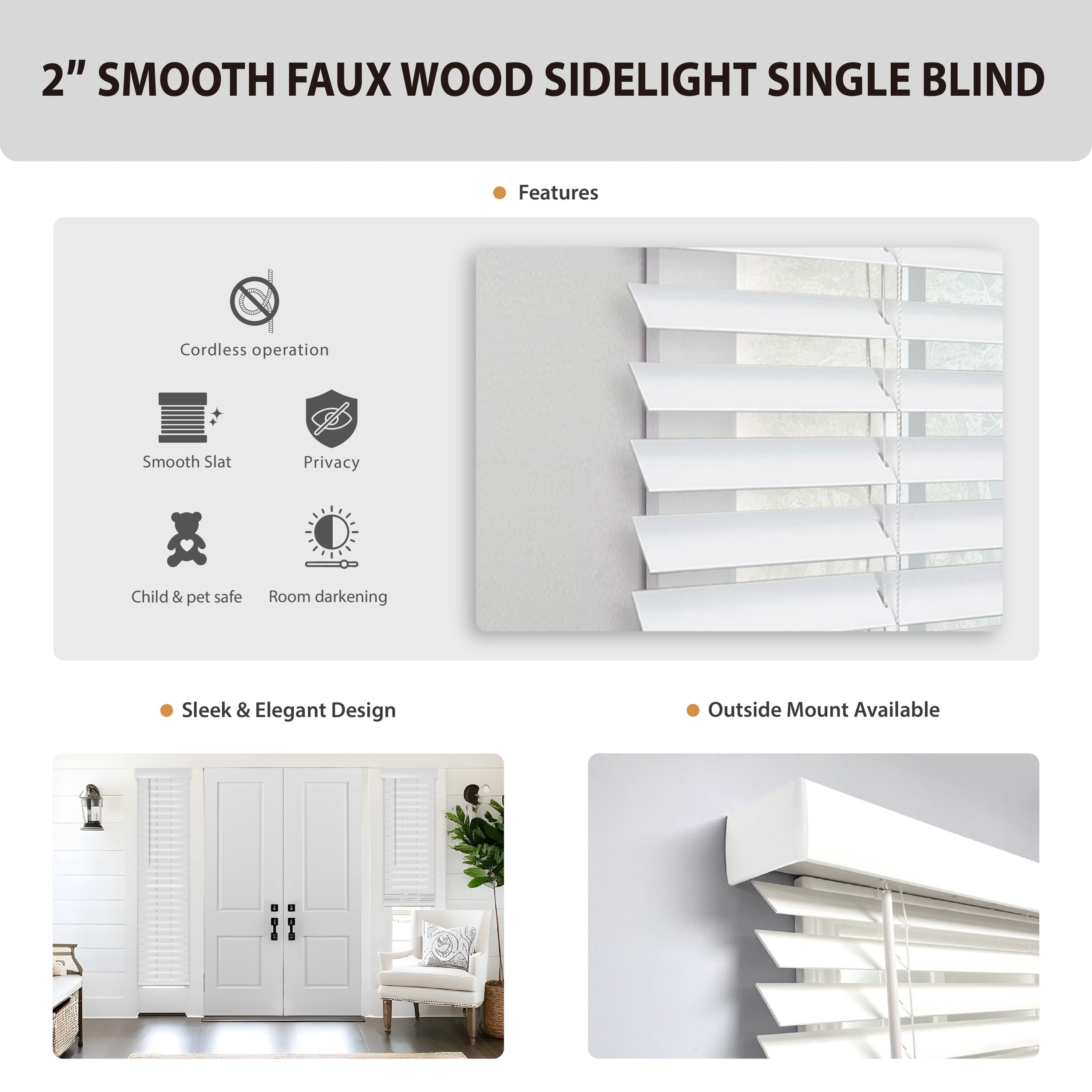 Regal Living Smooth White Cordless 2" Faux Wood Room Darkening Window Sidelight Blind - 10.25 in. x 72 in.
