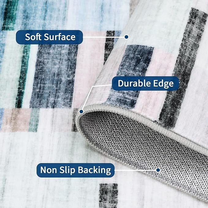 Living Room Rug 5x7, Machine Washbale Area Rugs Modern Geometric Patchwork Carpet Non-Slip Stain Resistant Farmhouse Door Mats Non-Shedding Foldable Rug for Dining Room, Bedroom, Blue
