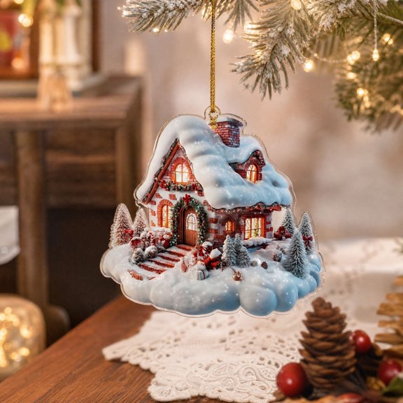 Acrylic Snow House Christmas Ornament, 3.94 Inch Lighted Hanging Decoration, Winter Cottage Pendant for Holiday Tree and Festive Gift Giving