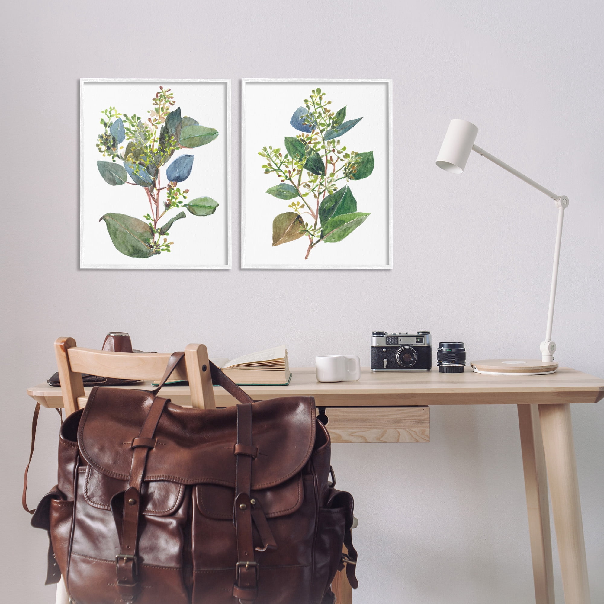 Stupell Industries Soft Eucalyptus Plant Ombre Leaves Botanical & Floral Painting White Framed Art Print Wall Art, 16 x 20, Set of 2