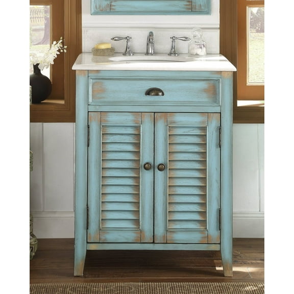 Benton Collection 26" Distressed Light Blue Farmhouse Bathroom Vanity with White Marble Top