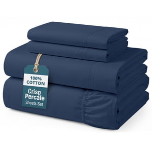 Casa Platino 100% Cotton Percale Queen Sheet Set, Navy