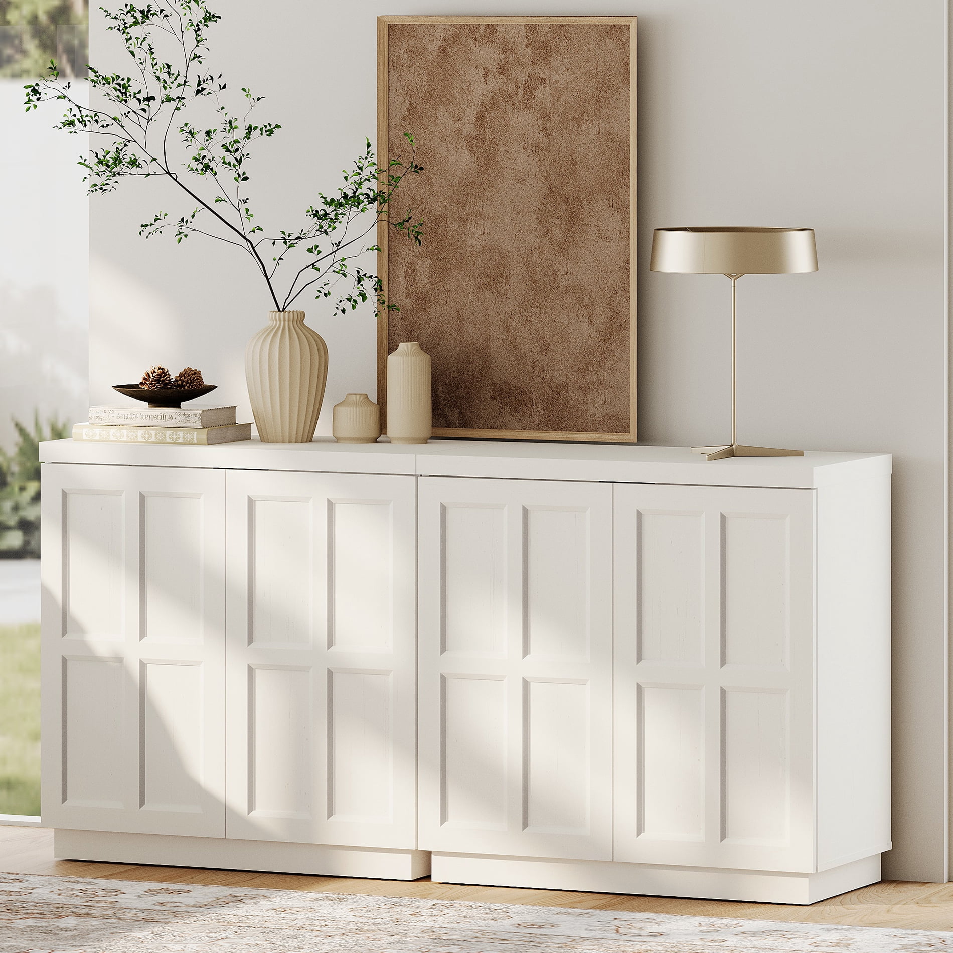 HOMOOI 2-in-1 Sideboard Buffet Cabinet with Cabinets and Adjustable Shelves,Boho 63" Heavy-Duty Wood Coffee Bar Cabinet,Modern Console Table for Kitchen, Dining Room, Living Room,White