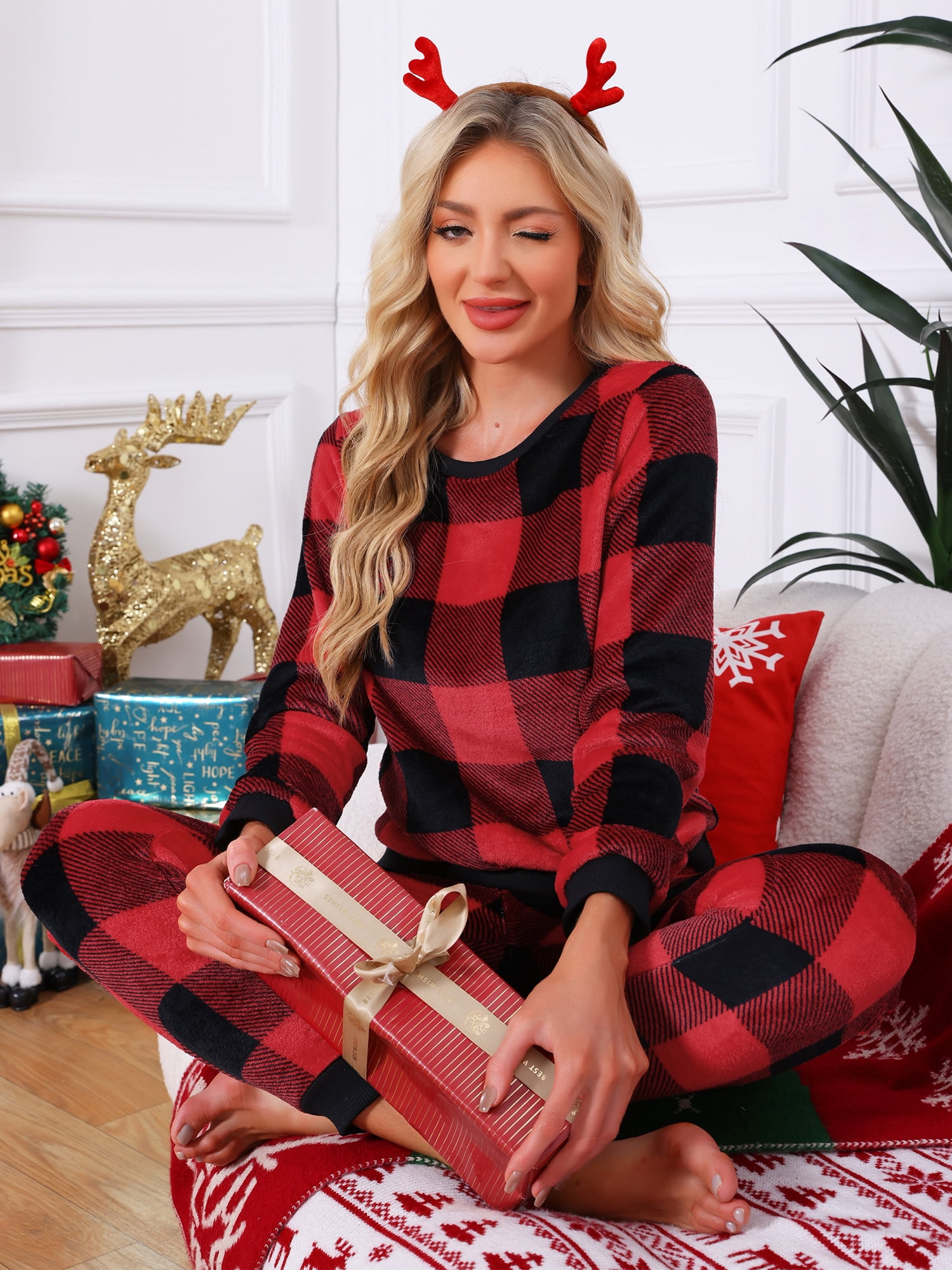 DARING DIVA Women's Fuzzy Fleece Pajama Sets Long Sleeve Top with Pants for Winter L Red