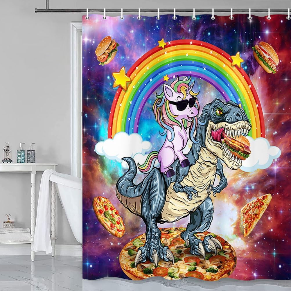 Cute Kids Shower Curtain Sets with Non-Slip Rug Cool Unicorn Riding Dinosaur Shower Curtain Set for Kids, Unicor Bathroom Decor for Kids